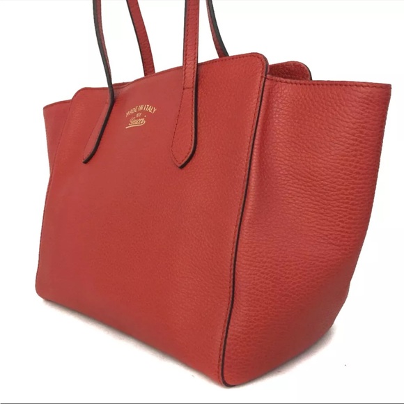 GUCCI Swing Logo Red Leather Shoulder Tote Bag - Picture 4 of 9